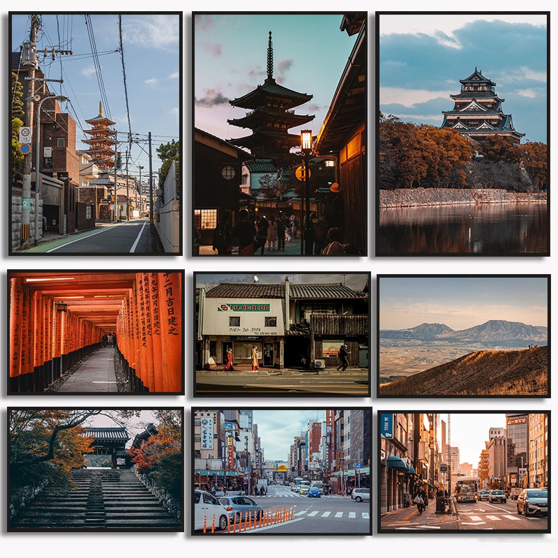 Vintage Collectible Posters - คอลเลกชันสถานที่สำคัญของญี่ปุ่นแบบวินเทจ ภาพพิมพ์บนผ้าใบ โปสเตอร์ทิวทัศน์ญี่ปุ่นอันโด่งดัง คิวชู โคเบะ ยาซากะ