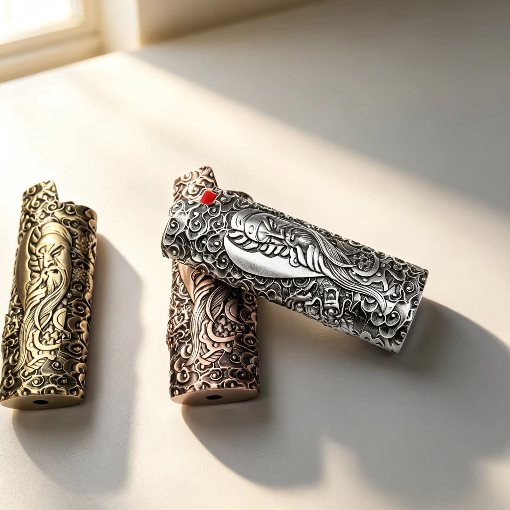 Vintage And Collectible - เคสไฟแช็กโลหะผสมสังกะสีสำหรับ BIC J6 ลายกวนอู 3D ป้องกันรอยขีดข่วน