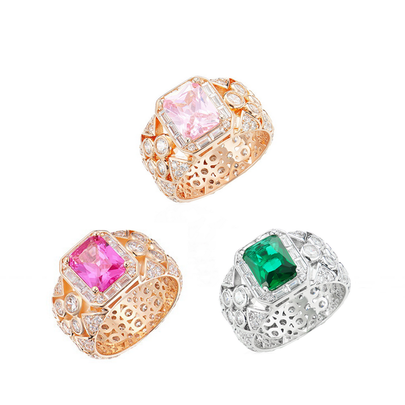 Vintage Collectible Jewelry - แหวนแฟชั่นคอลเลคชั่นดีไซเนอร์สำหรับผู้หญิง ประดับด้วยคิวบิกเซอร์โคเนีย ดีไซน์โปร่งลายฉลุ ประดับด้วยพลอยสังเคราะห์สีชมพูทัวร์มาลีนและสีเขียวมรกต เหมาะสำหรับงานปาร์ตี้